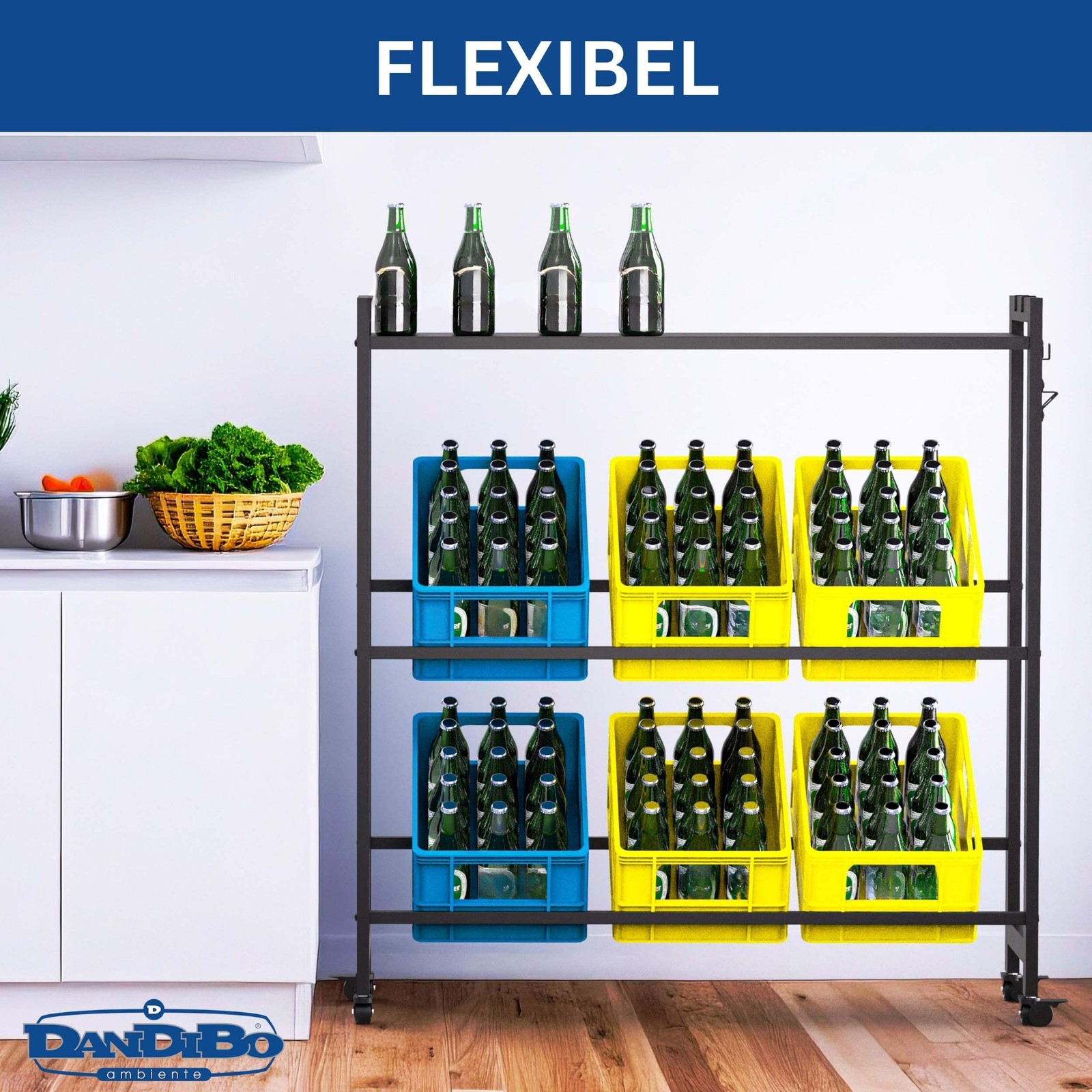 Étagère à boissons 6 boîtes avec compartiment de rangement roulettes