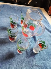 Vintage Juice Pitcher and glasses Mid Century Modern Hand Painted Tomatoes