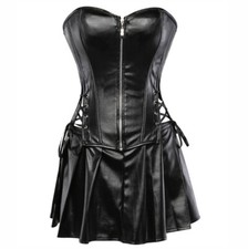 Women Sexy Leather Corset Dress Gothic Punk Zipper Corset With Skirt Pu Dress