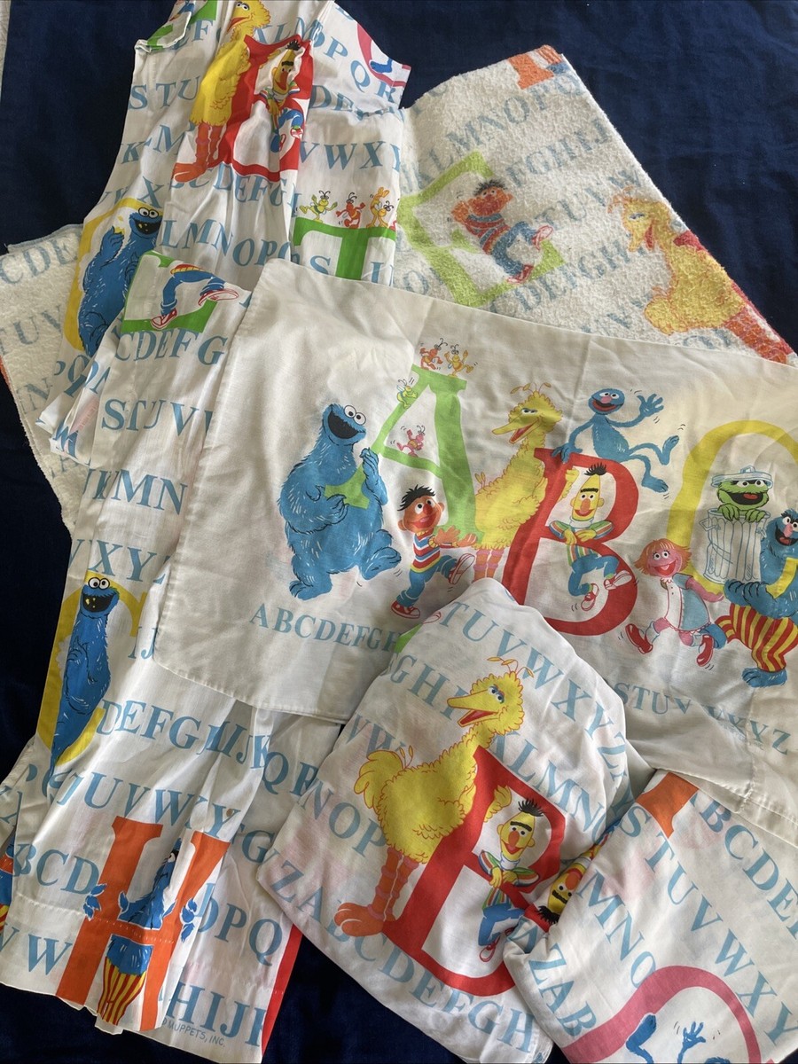 Vintage Sesame Street Muppets Alphabet ABC Twin Sheet Set Curtains Chatham  Blank