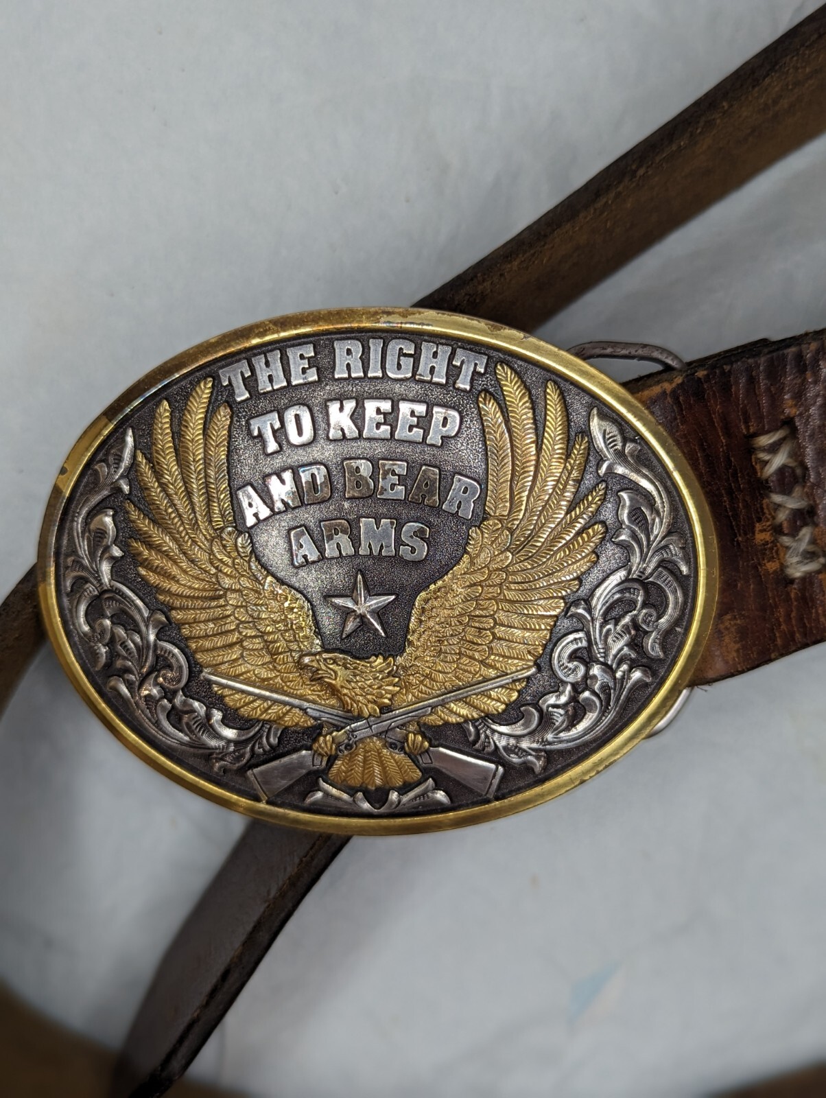 Nocona  Belt Buckle Eagle The Right To Keep and Bear Arms W/Leather Belt Used
