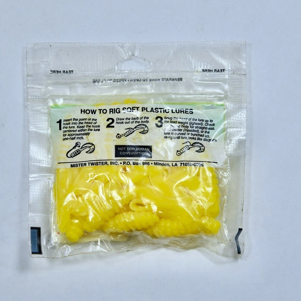 Señuelo de pesca Mister Twister 3 pulgadas 20 paquete cola rizada cebos blandos amarillo Foto 2 de 3