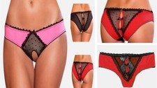 Burlesque Silky Satin & Sheer Lace Crotchless Knickers with Bows Sexy Lingerie G