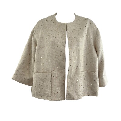 Louben Women's Size 6 Ivory Gold Sequins Open Front Textured Linen Blend Blazer