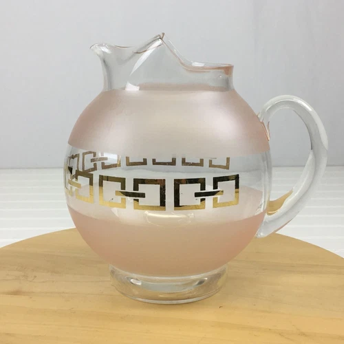 Vintage Round Glass Ice Lip Pitcher Frosted Pink Gold Linked Squares MCM