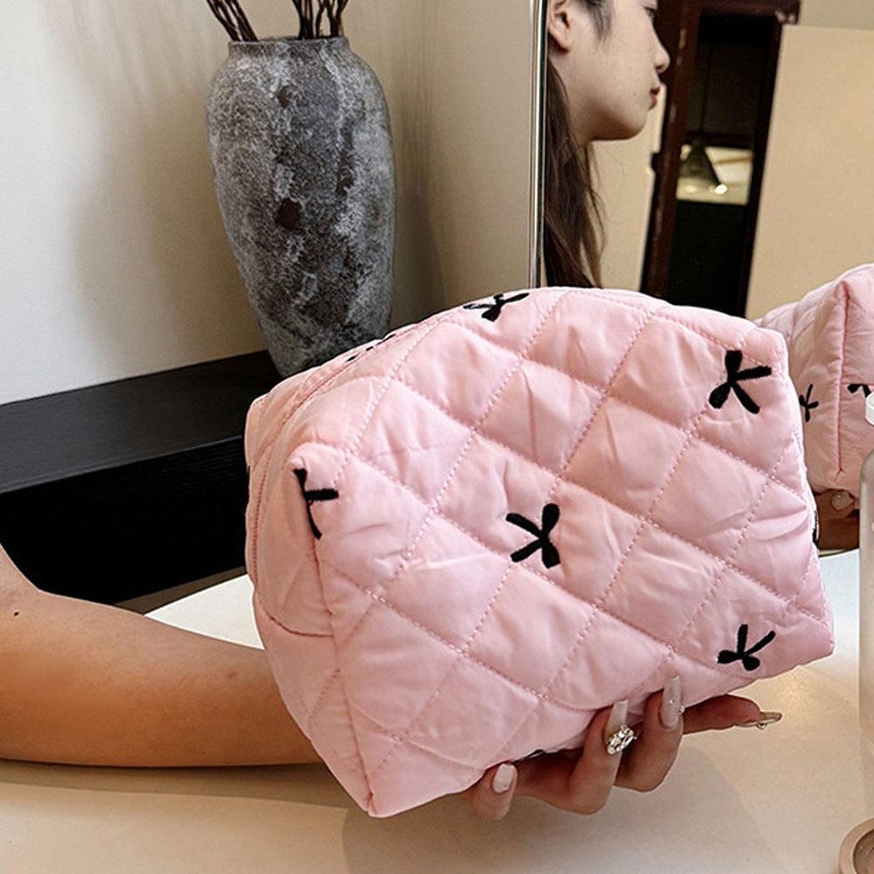 Cute Bow Flower Makeup Bag Women Zipper Cosmetic Organizer Female