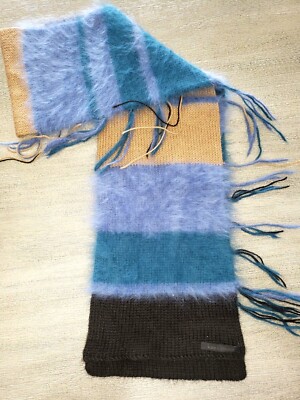 KATE O'CONNOR winter SCARF blue black jade tan FRINGES EXTREMELY SOFT! 68 x 8 in