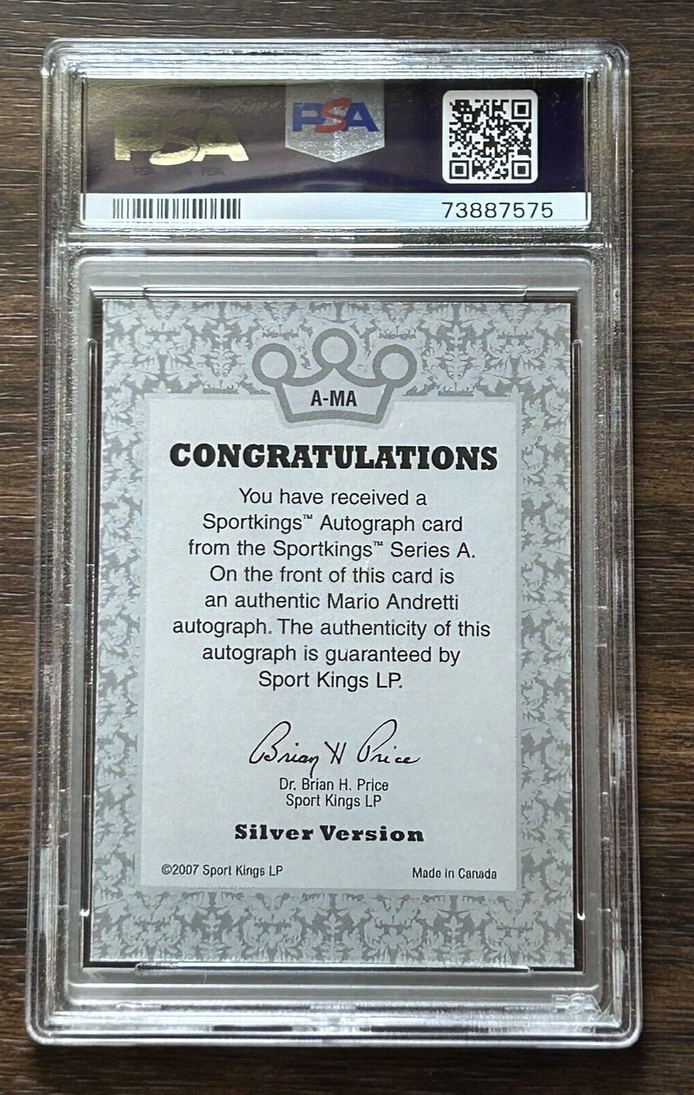 2007 SPORTKINGS Mario Andretti Signed Silver #A-MA PSA 8 Auto 10 Racing Card view 2