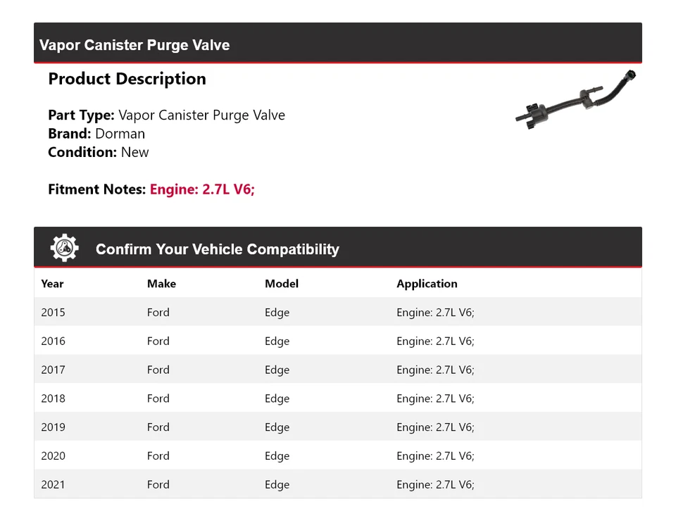 Клапан продувки паровой канистры Dorman для Ford Edge 2,7 л 2015-2021 годов выпуска 2016 2017 годов выпуска - Изображение 2 из 4
