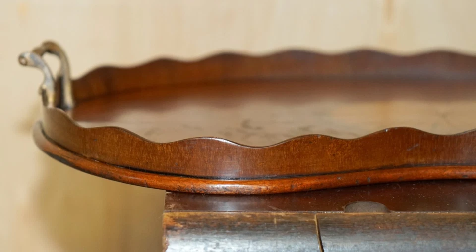 ANTIQUE CIRCA 1880 SHERATON REVIVAL SATINWOOD WALNUT SERVING TRAY BRONZE HANDLES - Image 4 of 4