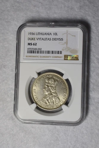 LITHUANIA 10 LITU  1936 NGC CERTIFIED MS 62  SILVER ( stock# 20)