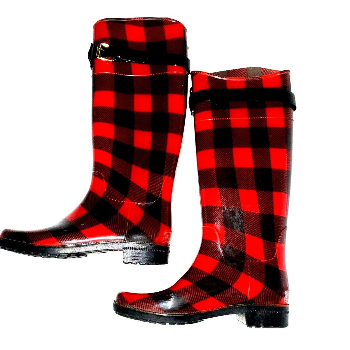 red and black plaid rain boots