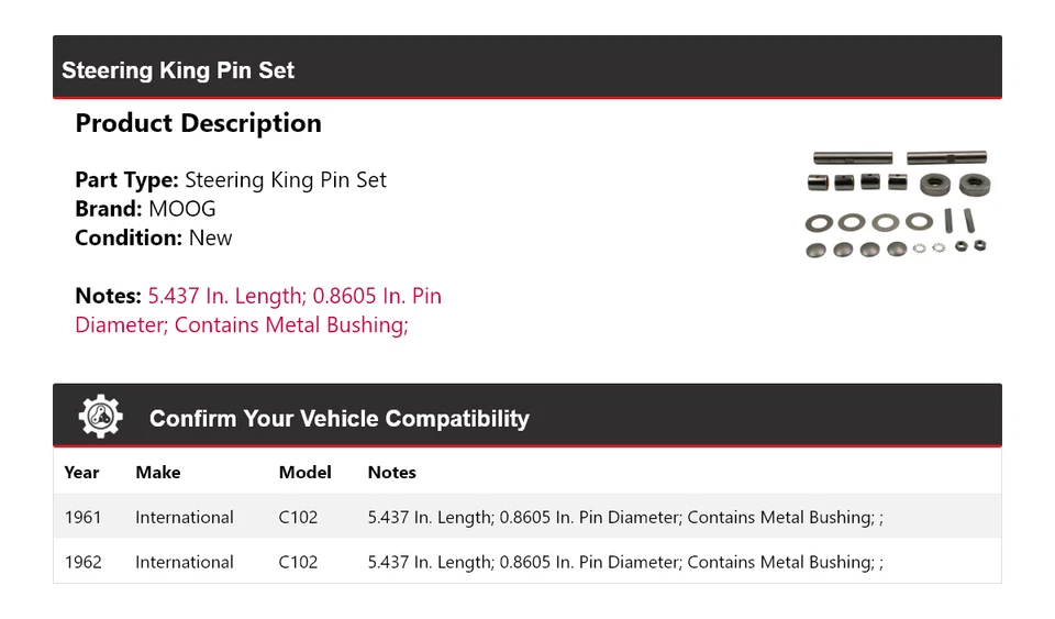 Juego de pasadores de dirección para International C102 1961-1962 MOOG Foto 2 de 4