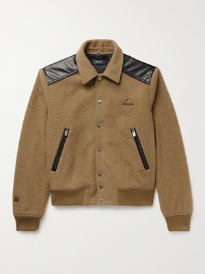 AMIRI （アミリ）　ピーコート AMIRI Leather-Trimmed Logo Western Varsity Boiled Wool-Blend