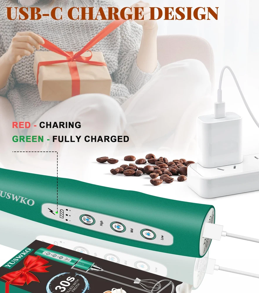 Milk Frother Handheld for Coffee with Stand, Rechargeable Drink Mixer with 3 ...