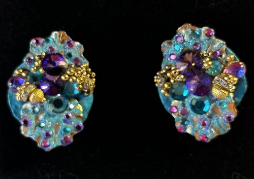 Vintage 1980s Mardi Gras Rhinestone Statement Clip Earrings Runway