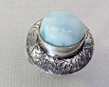 Round Cabochon Blue Larimar 925 Sterling Silver Etched Halo Ring Size 7.5