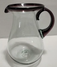 Vtg 1970s Mexico Margarita Pitcher Blown Glass Clear and Purple 96 Oz 9.5" Tall