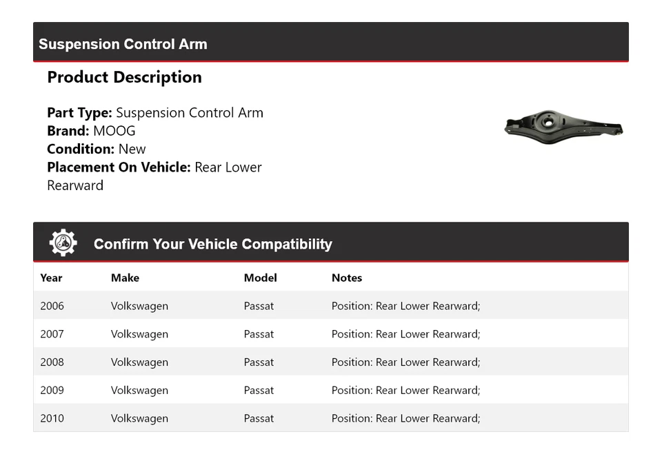 Brazo de control de suspensión trasero inferior trasero MOOG para Volkswagen Passat 2006-2010 Foto 2 de 4