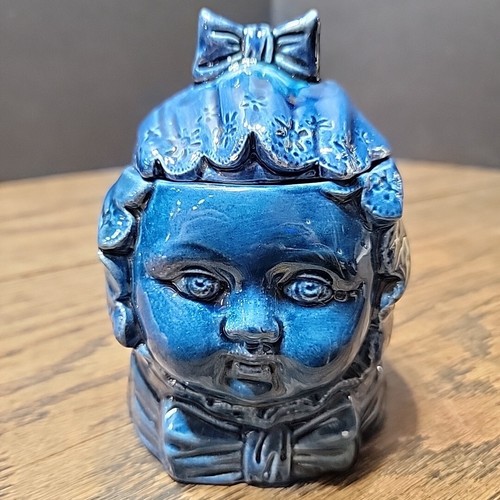 2 Faced Humidor blue ceramic antique collect Child Balling Tobacco Cigarette  - Afbeelding 2 van 13