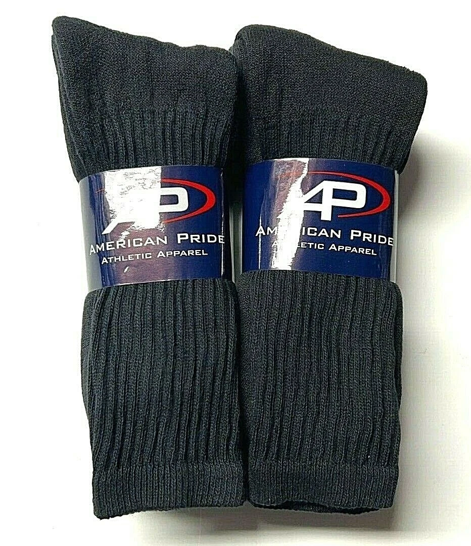 12 Pair Men Cushion Solid Black Work/ Sport Crew Sock SZ10-13.Make in USA