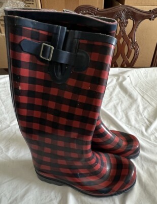 Nomad Women's Size 8M Blu Red Plaid Rubber Rain Boot Mid