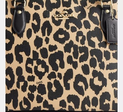 NWT Coach CY347 Gallery Tote Bag With Leopard Print Brown Coated