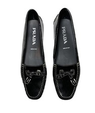PRADA Black Patent Leather Logo Buckle Tassel Driving Moccasins Loafers Flats 40