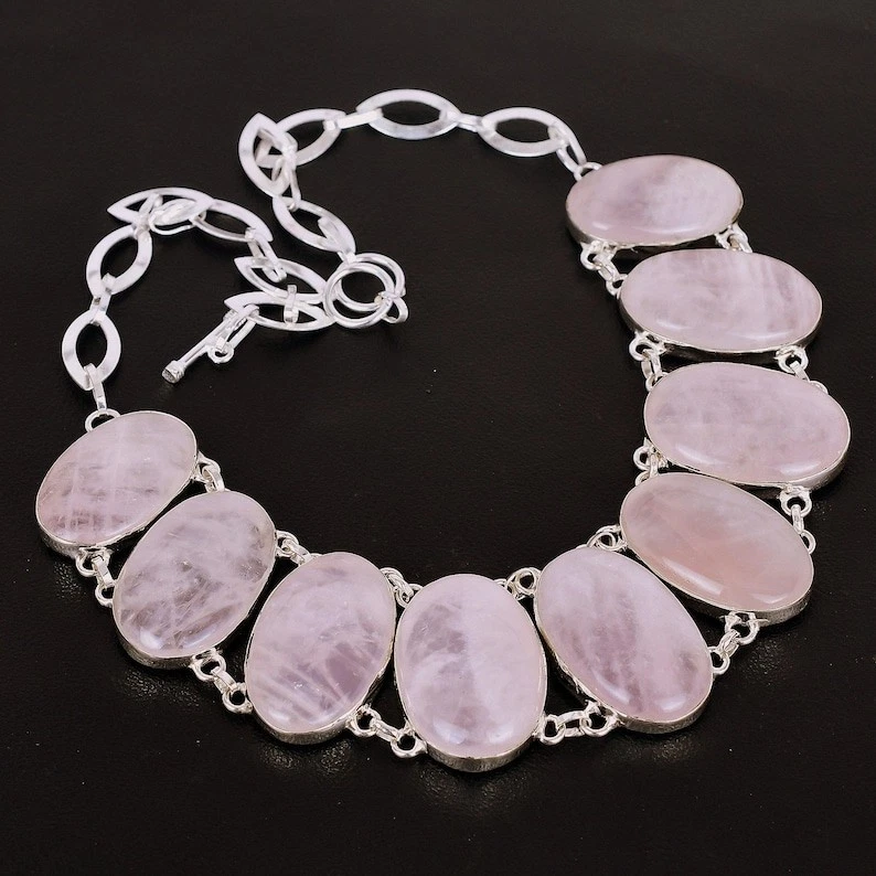 Collar de joyería de plata de ley 925 hecho a mano con piedras preciosas de cuarzo rosa de 18" Foto 3 de 4