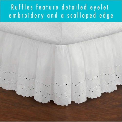 Ideas Ruffled Eyelet Bed Skirt Dust Ruffle with Gathered Styling and Embroide... - Picture 4 of 9