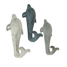 Set of 3 Colorful Coastal Cast Iron Dolphin Decorative Wall Hooks 5 inch