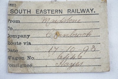 1893 South Eastern Railway Wagon Label 6446 Maidstone - Cranbrook