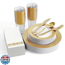 FOCUSLINE 175 Count Gold Dinnerware Set for 25 Guests - Disposable Plastic Pl