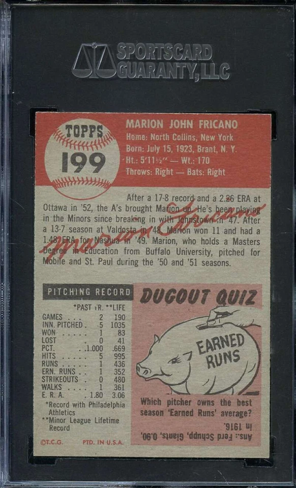 1953 TOPPS #199 MARION FRICANO SGC 8 (RC) ATHLETICS *DS13960 - Image 2 of 2