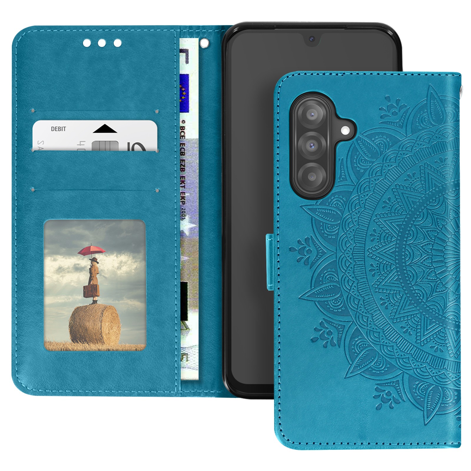 Pochette Galaxy A26 fleurie bleue avec sangle pour les sorties en ville