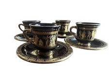 Vintage Greek Cobalt & 24K Gold Demitasse Cup And Saucer Set Of 4, Handmade￼￼