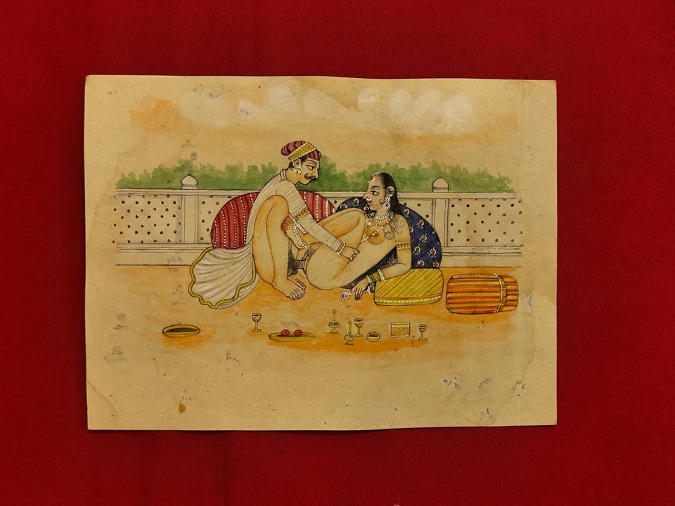 Pintura em miniatura antiga feita à mão Maharaja Maharani erótica Kamasutra cena de amor - Imagem 4 de 4