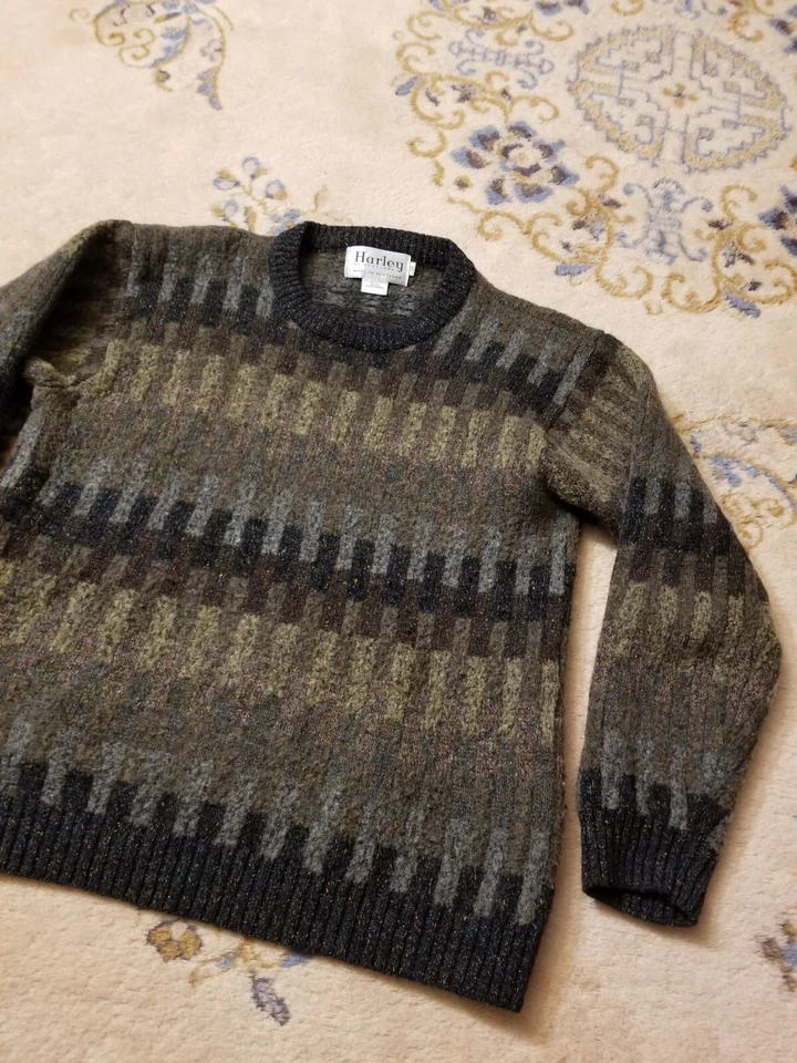 Harley of Scotland Sweater Womens M Wool Silk Brown Grey Striped Pullover Soft Foto 2 de 4
