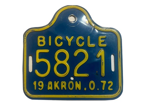 Vintage Bicycle Tag Plate License AKRON OHIO 1972 Bike 5821