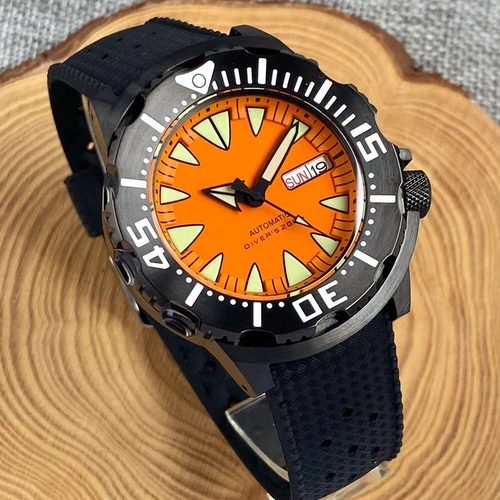Reloj Hombre 42mm Tandorio Monster Esfera Naranja Día Fecha NH36 Automático Estuche PVD