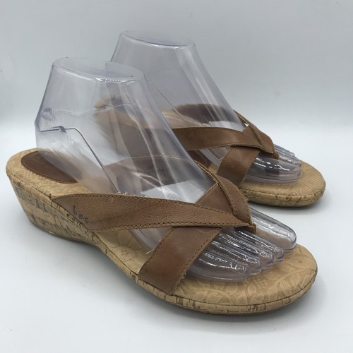 BOC Born Concept Brown Leather Slide On Thong Sandals Cork Heel Size Sz ...