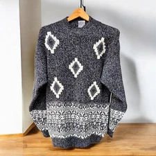 Vtg Mock Neck Wool Blend Grandma Tunic Sweater Gray Aztec Geometric Large