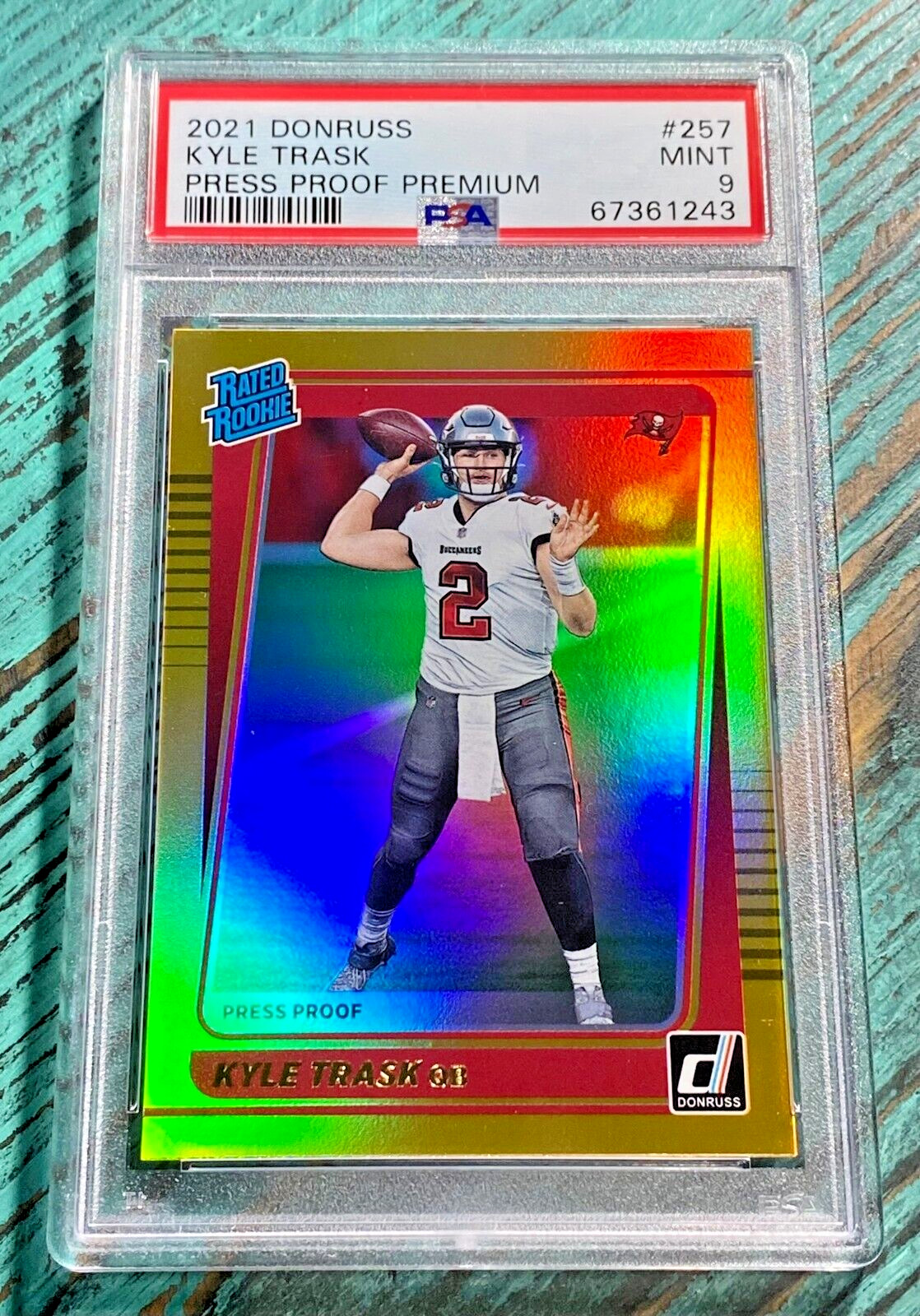 KYLE TRASK Bucs 2021 Donruss Press Proof Premium Gold Holo #257 Rookie RC PSA 9