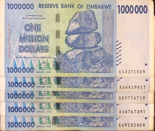 Zimbabwe 1 Million Dollars x Five (5 pc) Banknotes AA/AB 2008 Authentic Currency