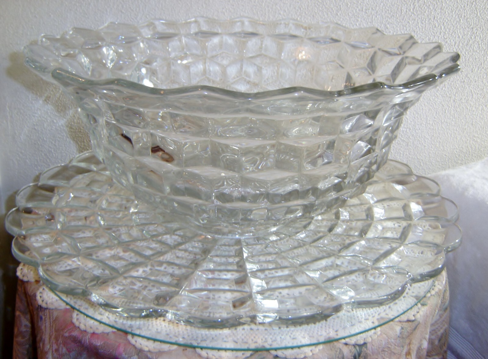 Antique Fostoria American 18" Punch Bowl Set W/ Underplate, Glass Ladle