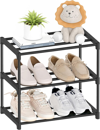 3 Tier Small Shoe Rack, Narrow Stackable Shoe Shelf for Kids Toddler Adult, Ligh