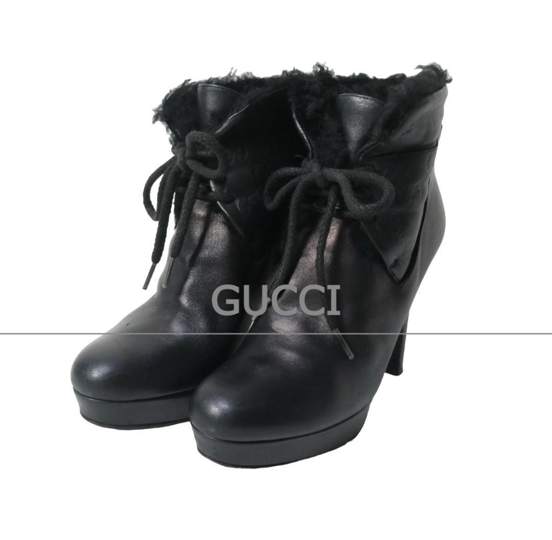 GUCCI Boots Heel Short Leather Black GG Lace up EU36 US6 GUCCI Boots Heel Short Leather Black GG Lace up EU36 US6