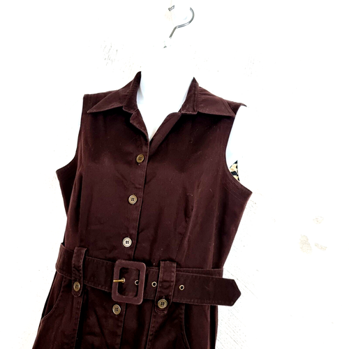 ZENDRA Womens Dress Size 40 Petite Brown Sleeveless Collared Button-Up Belt - Picture 3 of 11