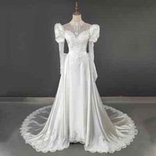 High Neck Satin Wedding Dresses Long Sleeve Applique Buttons Back Bridal Gowns