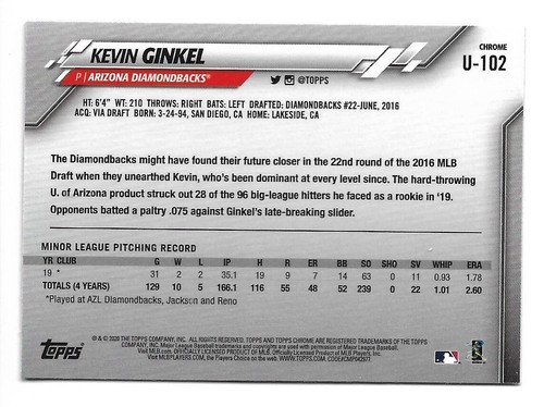 2020 Topps Chrome Update Sapphire Edition Kevin Ginkel RC #U-102 Rookie - Picture 2 of 2